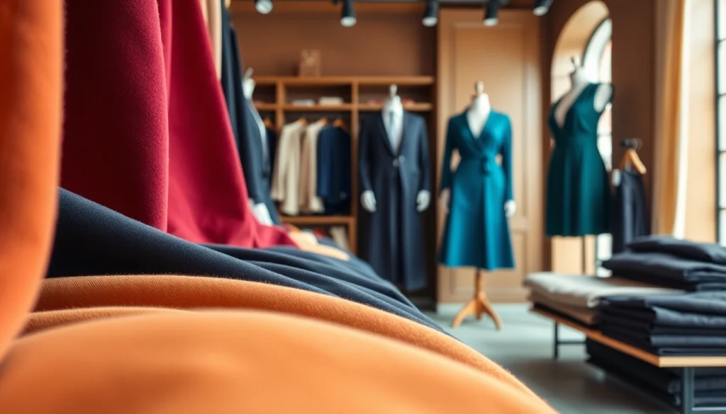 Punta di roma stof in a luxurious boutique, showcasing fine fabric textures and vibrant colors.