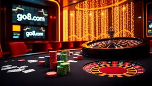 A dynamic casino scene showcasing the excitement of online gambling at go8.com with poker chips and a roulette wheel.