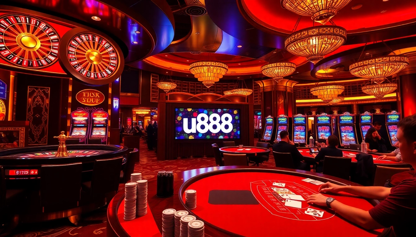 Experience thrilling gameplay at u888 with vibrant casino visuals of roulette and poker.