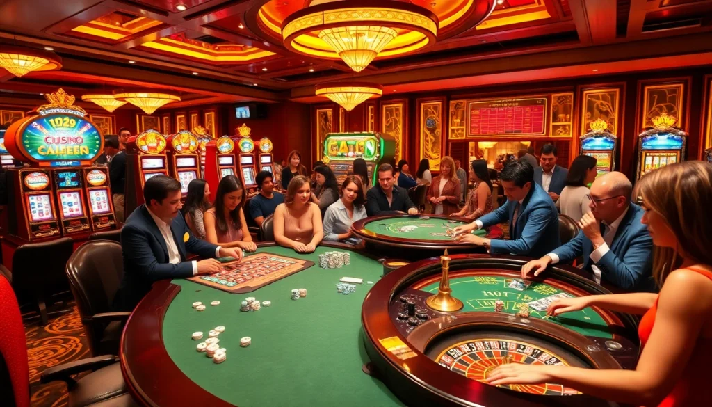 Excited players enjoying go99 online gambling at luxurious casino tables with vibrant slot machines.