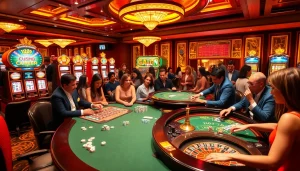 Excited players enjoying go99 online gambling at luxurious casino tables with vibrant slot machines.