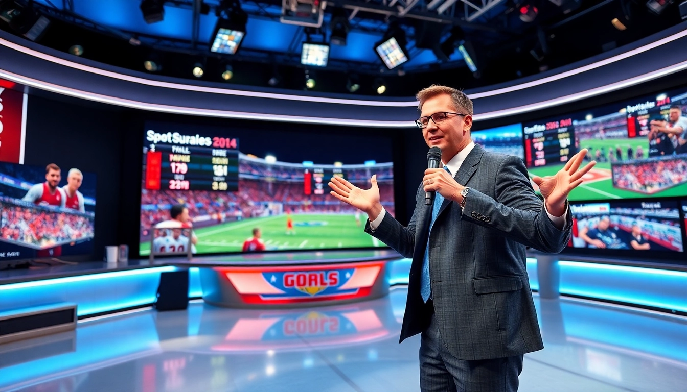 Engaging Sports Broadcasting studio showcasing a lively host presenting live sports updates.