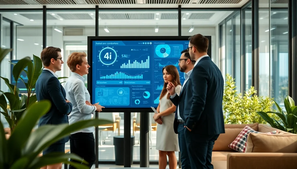 AI consulting company in UK collaborating in a modern office with digital analytics.