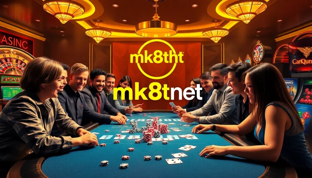 Players enjoying a thrilling game at mk8th.net's upscale casino, with dice and poker chips on the table.
