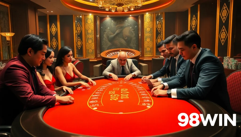 Experience high-stakes poker at 98WIN Casino with vibrant chips and elegant players.