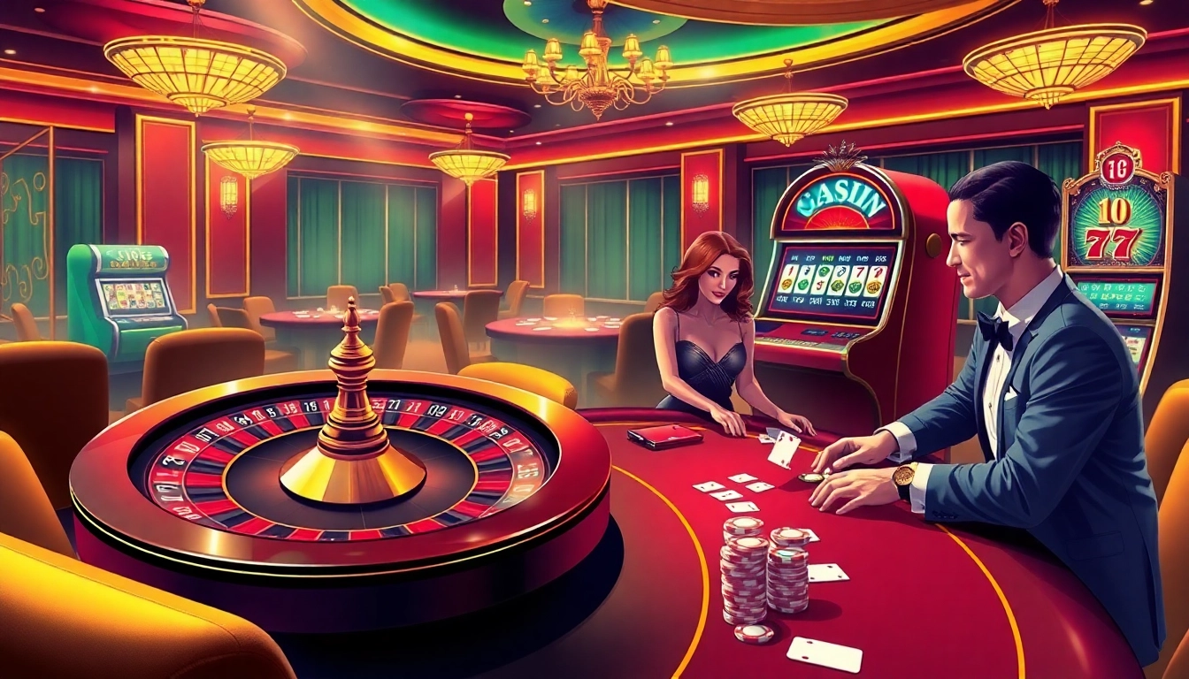 Exciting casino scene showcasing roulette and poker at PS99, reflecting luxury and winning gameplay.
