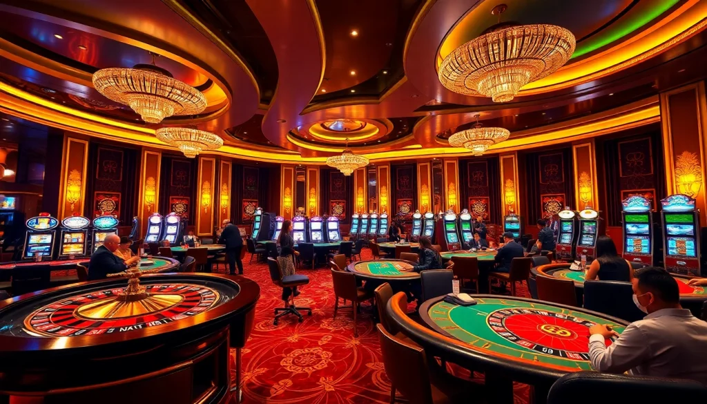 A bustling casino scene showcasing players at tables and slot machines, emphasizing 32win trang chủ excitement and luxury.