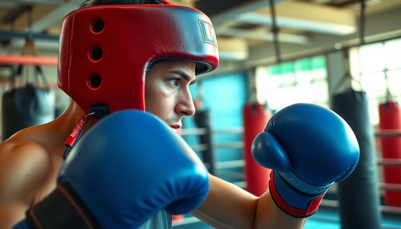 Boxer in dynamic action wearing headgear boxing, emphasizing safety and performance.