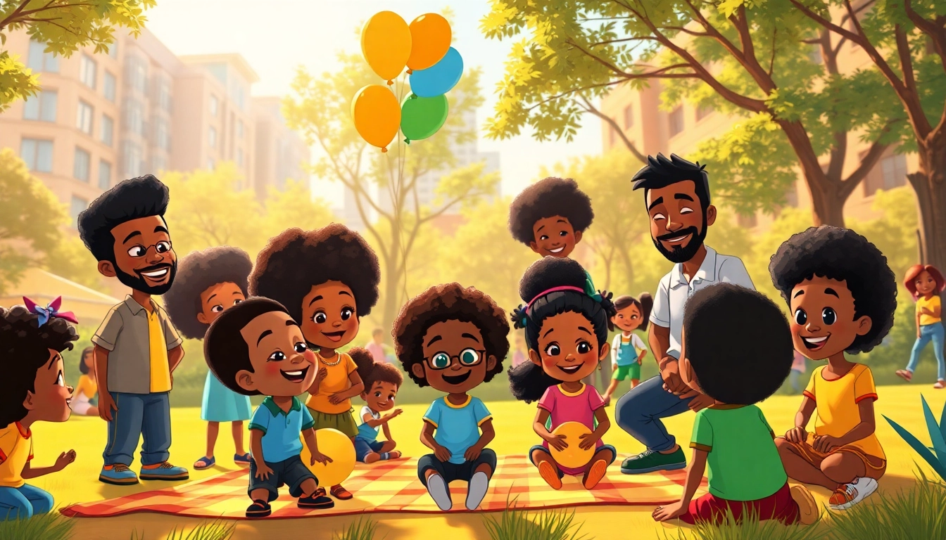 A vibrant illustration of African American cartoons in a city park, celebrating diversity and joy.