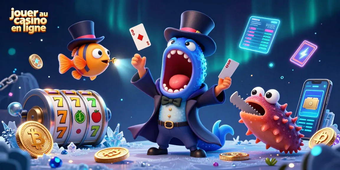 Jouez au casino en ligne avec des illustrations 3D captivantes, incluant des créatures marines et des éléments de jeu.