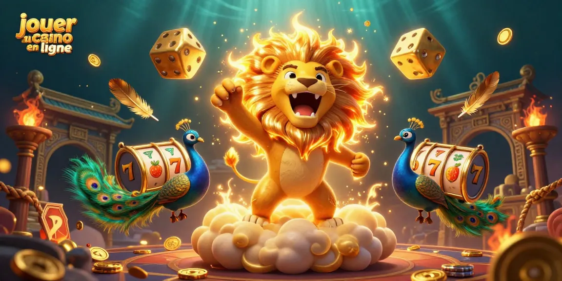 Jouez au casino en ligne avec une illustration dynamique de lion solaire et des dés en or
