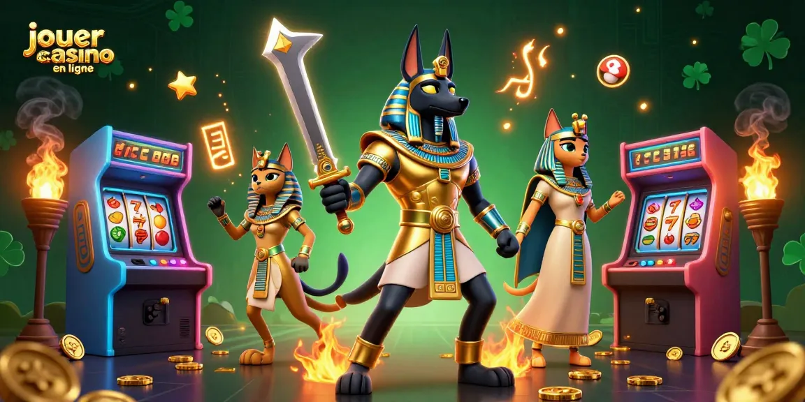 Jouer au casino en ligne avec une illustration 3D d'Anubis et Bastet, entourés de machines à sous colorées.