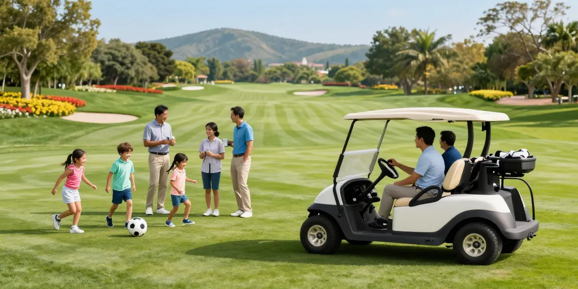 A family enjoying a sunny day with a stylish golf cart for sale USA on a beautiful golf course.