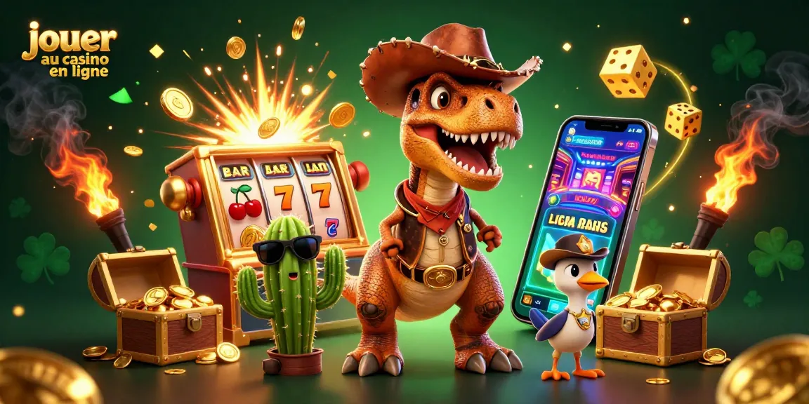 Jouer au casino en ligne avec un drame d'illustration 3D colorée et dynamique mettant en vedette un dinosaure chercheur de jackpot.